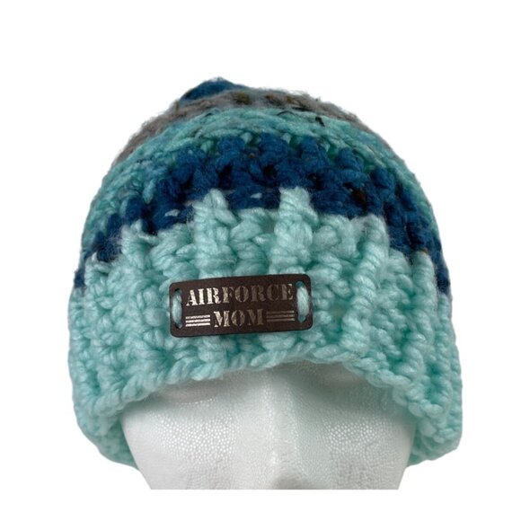 Air Force Mom Pom Beanie Adult Blue Gray Crochet Chunky Knit Warm Winter Cap - Picture 7 of 10
